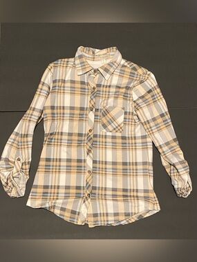 No Comment Faux Fur Shacket Tan White Yellow Plaid Stretch Small